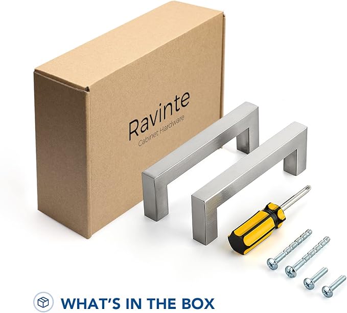 Ravinte 25 Pack Brushed Nickel Kitchen Cabinet Handles 3-3/4 Inch Cabinet Pulls Square Kitchen Hardware for Cabinet Drawer Pulls Drawer Handles Come with Screwdriver