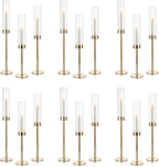 NUPTIO Candle Holders for Table Centerpiece: 18 Pcs 23.6 & 21.7 & 19.7 in Tall Gold Hurricane Candlesticks Holder with Glass Cylinder Cover Bulk Taper Candles Sticks Stand for Thanksgiving Party Decor