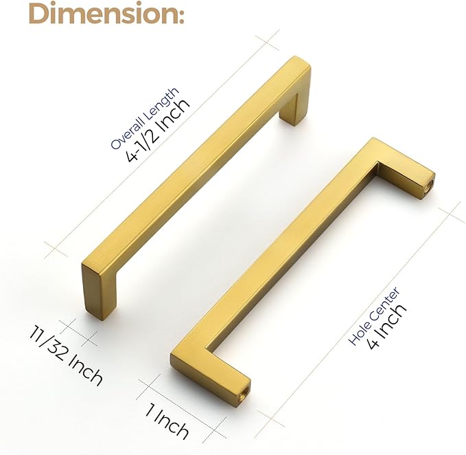 Ravinte 10 Pack Solid Kitchen Cabinet Handles Gold Slim Cabinet Pulls Drawer Pulls with 4 Inch Hole Center Square Bar Kitchen Cabinet Hardware Brushed Brass Cabinet pulls
