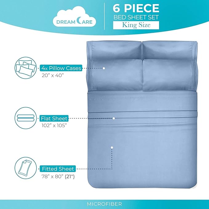 DREAMCARE Sheets Full Size Bed - Cooling Bed Sheets - 6pcs Set - Full Sheet Set - Full Size Sheets - Full Size Sheet Sets Soft & Long Lasting 100% Fine Brushed Polyester with Side Pocket - Light Blue