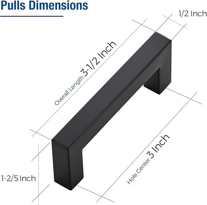 JOY DECOR 25 Pack Cabinet Handles, Black Cabinet Pulls, 3 Inch Kitchen Closet Handles Square Drawer Pulls Stainless Steel Drawer Hardware, 76mm Hole Centers