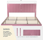 Allewie King Platform Bed Frame/Velvet Upholstered Bed Frame with Vertical Channel Tufted Headboard/Strong Wooden Slats/Mattress Foundation/Box Spring Optional/Easy Assembly/Pink
