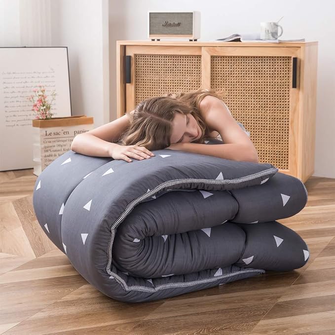 Grey Triangle Japanese Floor Futon Mattress, Tatami Mat Portable Camping Mat Kids Sleeping Pad Foldable Roll Up Floor Lounger Pillow Bed Twin Size with Mattress Protector Cover