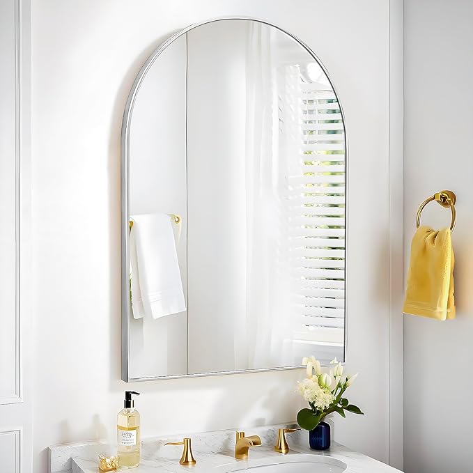 24x36 Arch Mirror Square Full Length Wall Mounted Hanging or Against Wall Metal Frame Dressing Make-up Mirrors for Entryway Bedroom Bathroom Living Room 24 36 inch Silver