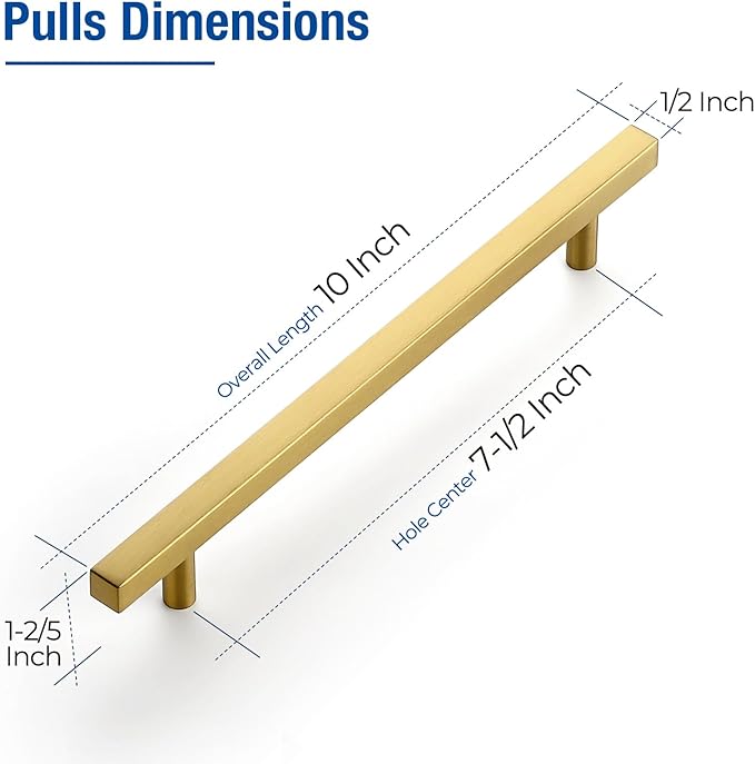 JOY DECOR 30 Pack 7-1/2 Inch Brushed Brass Square Cabinet Handles Stainless Steel Cabinet Hardware Pulls for Kitchen and Drawers with 10 Inch Overall Length