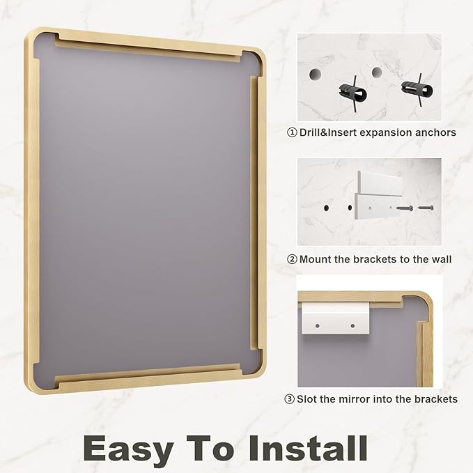 24x32 Inch Gold Framed Bathroom Mirror, Rectangle Brushed Gold Metal Vanity Mirror, Gold Rectangle Mirror for Wall, Rounded Corner, Tempered Glass, Anti-Rust, Shatterproof (Horizontal/Vertical)