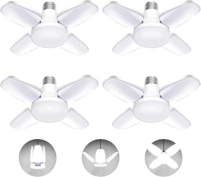 4Pack LED Garage Light Bulb, Mini 50W LED Garage Ceiling Lights 4+1 Adjustable Panels,5000Lumen Garage LED Light Bulb,E26 6500K Daylight LED Shop Lights for Garage,Kitchen,Living Room,Attic Light