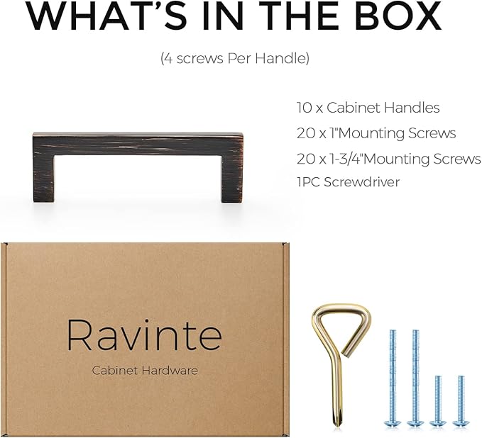 Ravinte 10 Pack Solid Kitchen Cabinet Handles Oil Rubbed Bronze Cabinet Pulls Slim Drawer Pulls with 3 Inch Hole Center Square Bar Kitchen Cabinet Hardware