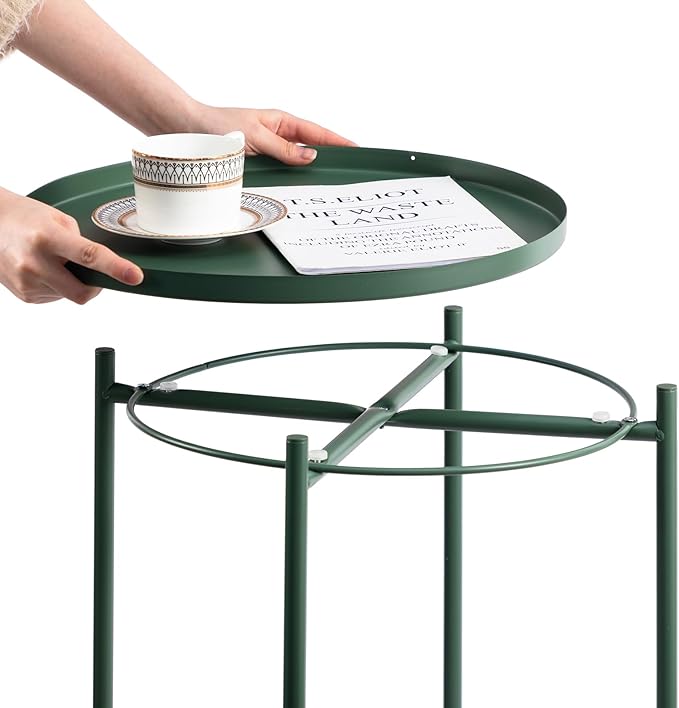 HollyHOME Round Metal Side Table, Outdoor Small Folding Accent Stand with Removable Tray, 17.72'' Portable End Table for Balconies, Gardens, Living Rooms and Bedrooms, Atrovirens