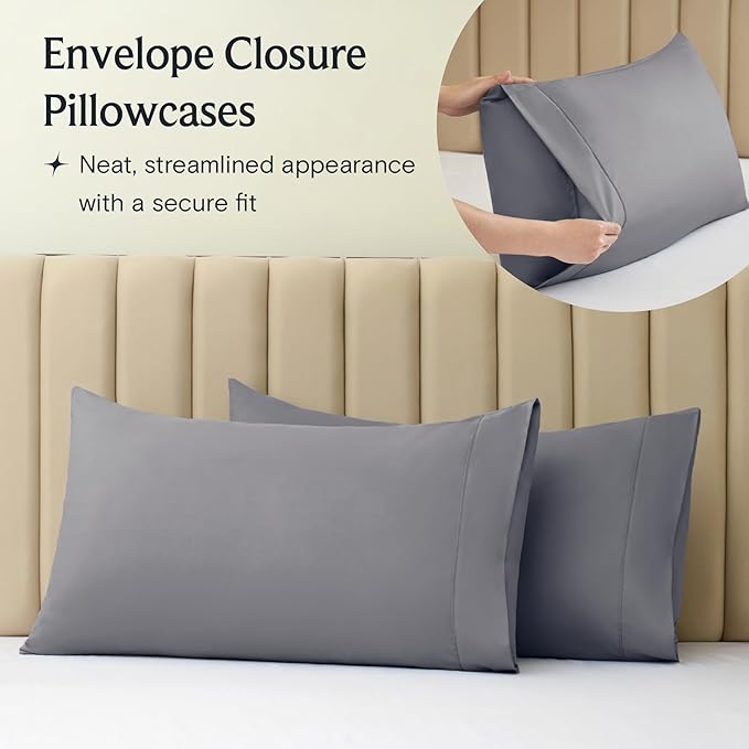 LuxClub 4 PC King Size Sheet Set Bed Sheets Deep Pockets Wrinkle Free Cooling Bed Sheets Machine Washable Hotel Bedding Silky Soft - Light Grey King