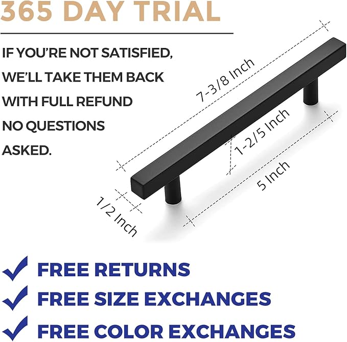 Ravinte Cabinet Handles 10 Pack - 5 Inch Matte Black Square Pulls, Modern Kitchen Hardware, 7-3/8 Inch Overall Length Drawer Pulls
