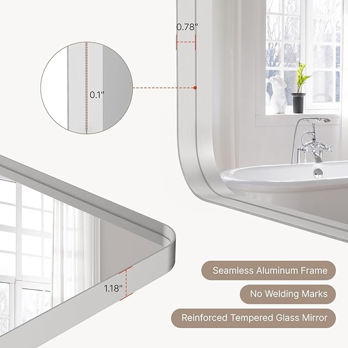 36x36"Bathroom Vanity Mirror for Wall, Aluminum Framed, Farmhouse Rectangle, Anti-Rust, HD Reflection Anti-Desilvering, Distortion Free, Tempered and Shatter-Proof Wall Mounted Mirror, Silver
