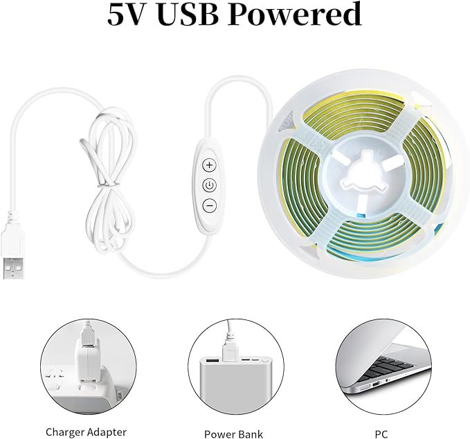 iNextStation COB LED Strip Light, 5V USB 6.6ft 2M 640LEDs Warm White 3000K Dimmable LED Lighting CRI93+ USB Led Strip Lights Flexible LED Tape Lights for TV Backlight, Under Cabinet, Mirror