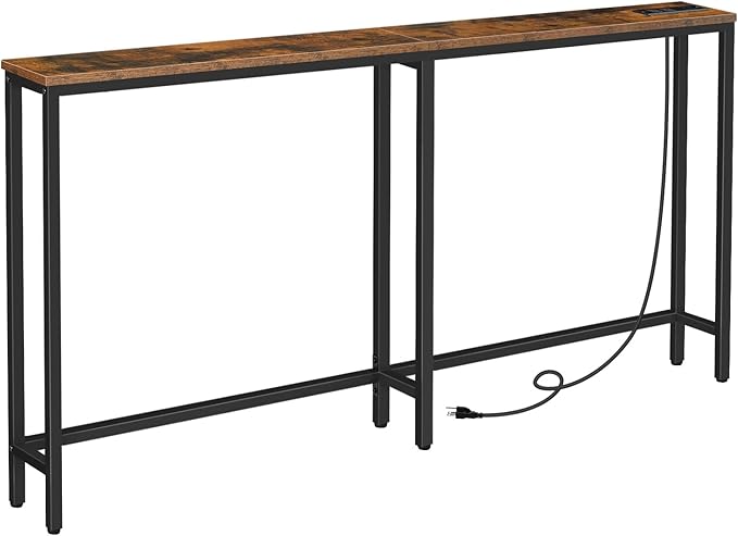 HOOBRO 63" Narrow Console Table with Charging Station, 5.9" Sofa Table with 2 Power Outlets and USB Ports, Long Entryway Tables Behind Couch Table, for Hallway, Living Room, Rustic Brown BF165UXG01