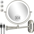 30X/1X Wall Mounted Lighted Makeup Mirror, 8'' Double Sided Rechargeable Magnifying Bathroom Mirror with Light, 3 Color Lights Touch Dimmable Extended Arm 360 Rotation Light up Mirrors