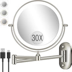 30X/1X Wall Mounted Lighted Makeup Mirror, 8'' Double Sided Rechargeable Magnifying Bathroom Mirror with Light, 3 Color Lights Touch Dimmable Extended Arm 360 Rotation Light up Mirrors