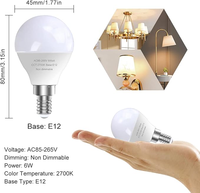 6 Pack E12 LED Candelabra Light Bulbs, 60 Watt Equivalent, Warm White 2700K, 120V Chandelier Llight Bulb, A15 / G45 Shape Ceiling Fan Light Bulbs, Bright Small Bulb Non-Dimmable