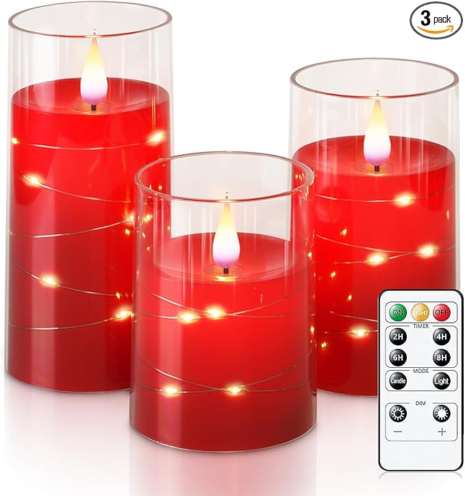 Homemory Flickering Flameless Candles with String Lights, Battery Operated Candles, Embedded String Lights LED Candles, Unbreakable Plexiglass Candle with Remote, Set of 3, Red
