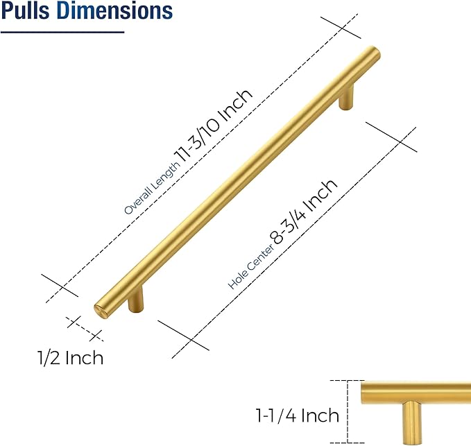 JOY DECOR 30 Pack Cabinet Handles, Gold Cabinet Pulls, 8-3/4 in Hole Center Kitchen Cabinet Handles, Stainless Steel T Bar Handles for Dresser Drawers