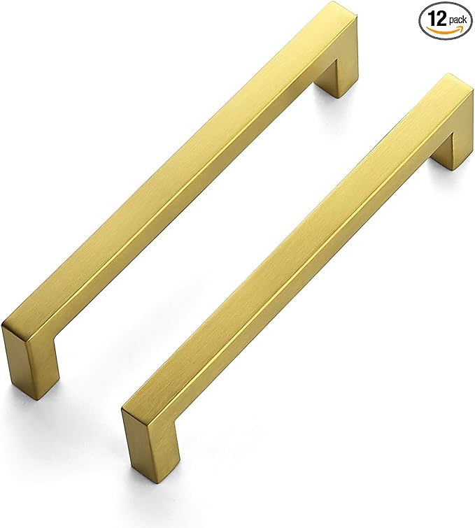 JOY DECOR 12 Pack Cabinet Handles, Gold Cabinet Pulls, 6-1/4 Inch Kitchen Closet Handles Square Drawer Pulls Stainless Steel Drawer Hardware, 160mm Hole Centers