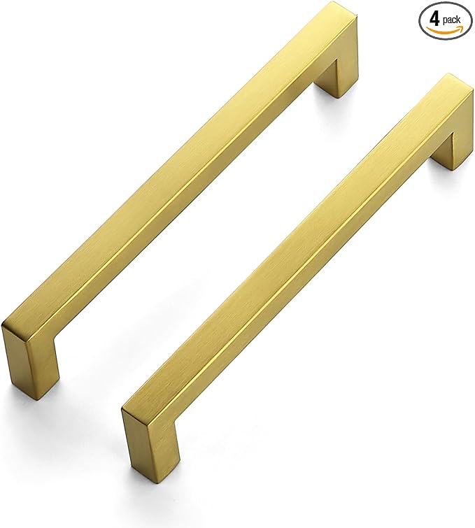 JOY DECOR 4 Pack Cabinet Handles, Gold Cabinet Pulls, 6-1/4 Inch Kitchen Closet Handles Square Drawer Pulls Stainless Steel Drawer Hardware, 160mm Hole Centers