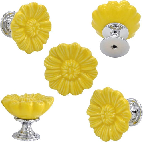 6PCS Vintage Floral Daisy Ceramic Dresser Drawer Knobs Elegant Cabinet Cupboard Door Hardware Pull Handles w/Screws Yellow