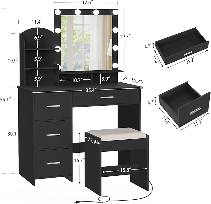 Quimoo Makeup Vanity with 10 Light Bulbs and Charging Station, Vanity Desk with Lighted Mirror & 4 Drawers, Vanity Table Set with Cushioned Stool,Black