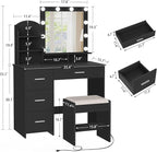 Quimoo Makeup Vanity with 10 Light Bulbs and Charging Station, Vanity Desk with Lighted Mirror & 4 Drawers, Vanity Table Set with Cushioned Stool,Black