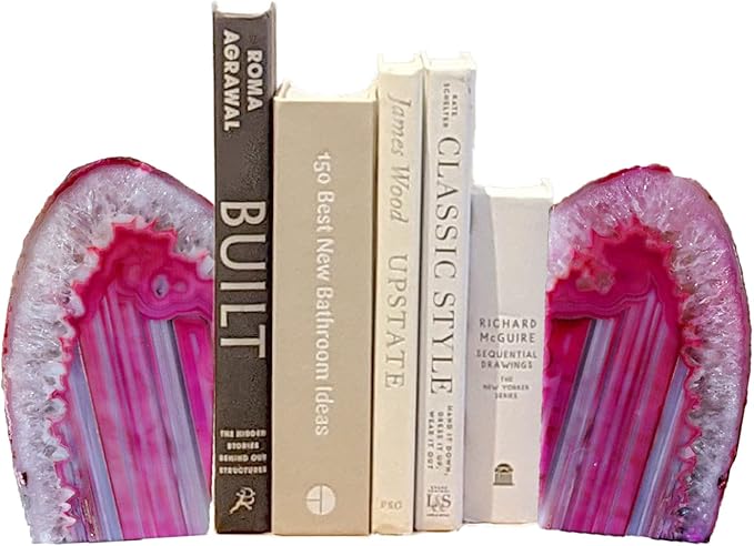 AMOYSTONE 4-6 Lbs Pink Book Stopper 1 Pair with Rubber Buffers Agate Bookends for Heavy Books Office Home Shelves Decoration