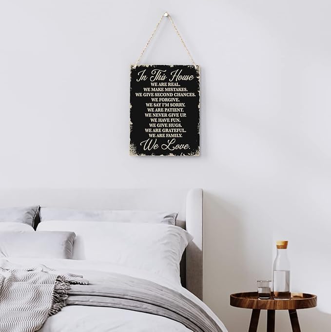 In This House Wooden Hanging Sign, House Rules Signs, Farmhouse Living Room Home Decor Wall Art, Inspirational Family Quote, Scripture Wooden Hanging Sign for Farmhouse Home Wall Art Decoration
