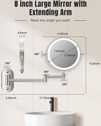 30X/1X Wall Mounted Lighted Makeup Mirror, 8'' Double Sided Rechargeable Magnifying Bathroom Mirror with Light, 3 Color Lights Touch Dimmable Extended Arm 360 Rotation Light up Mirrors