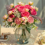 Artificial Peonies Silk Flowers Bouquet in Glass Vase Faux Flowers Bouquets Modern Penoy Arrangement for Home Decoration Table Centerpiece (Bouquet-Rose Red)