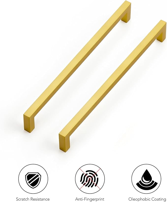 Ravinte 10 Pack Solid Kitchen Cabinet Handles Gold Slim Drawer Pulls with 7-1/2 Inch Hole Center Square Bar Kitchen Cabinet Hardware Brushed Brass Cupboard pulls