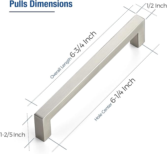 JOY DECOR 6 Pack Cabinet Handles, Brushed Nickel Cabinet Pulls, 6-1/4 Inch Kitchen Closet Handles Square Drawer Pulls Stainless Steel Drawer Hardware, 160mm Hole Centers