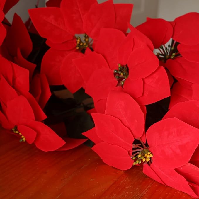 3 Pack Christmas Artificial Poinsettia Flowers Stem Bouquets Outdoors with 15pcs 8.2 Inch Red Poinsettia Flowers Heads for Christmas Tree, Xmas Garland, Vase, Window Box, Porch Home Decorations
