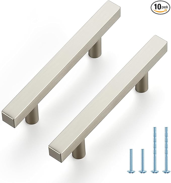 JOY DECOR 10 Pack 3 Inch Brushed Nickel Square Cabinet Handles Stainless Steel Cabinet Hardware Pulls for Kitchen and Drawers with 5 Inch Overall Length