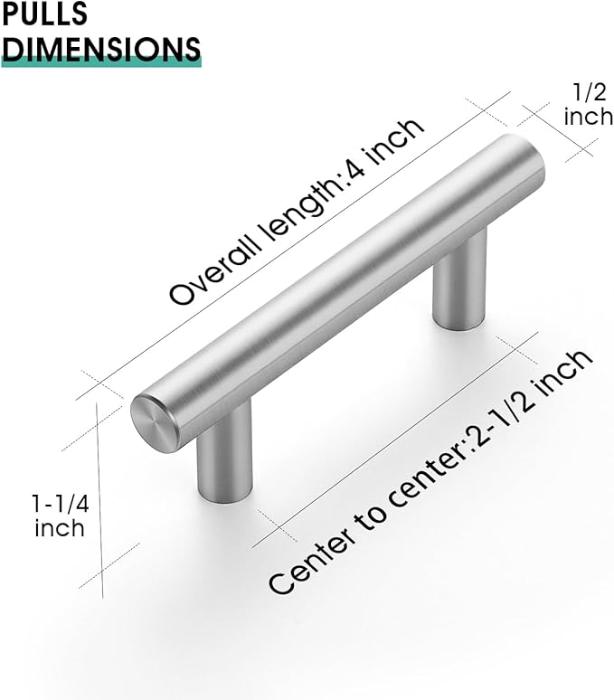 JOY DECOR 20 Pack 2-1/2 Inch Hole Centers Brushed Nickel Kitchen Cabinet Handles, 4 Inch Overall Length Stainless Steel Drawer Pulls for Cupboard, 64mm Hole Centers