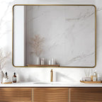 ANDY STAR 48x36 Inch Gold Bathroom Mirror, Brushed Gold Mirrors for Wall in Anti-Rust SUS304 Tube Metal Frame, Rounded Rectangle Mirrors 1’’ Deep Wall Mounted Vertically/Horizontal for Bathroom