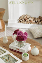 WELL KNOWN Rose Artificial Flowers in Vase with Faux Water, Silk Rose Table Centerpieces for Home Coffee Table Decor, Fake Roses Flower Arrangements for Office Hotel Lavatory Decor (Purple & White)
