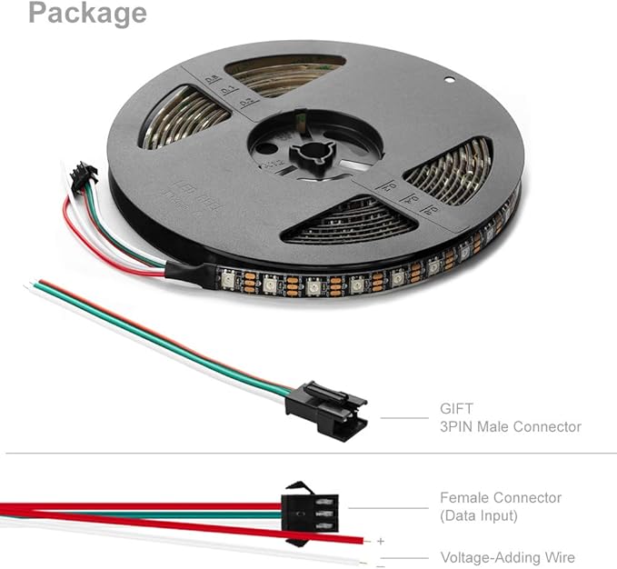 BTF-LIGHTING WS2812B IC RGB 5050SMD Pure Gold Individual Addressable LED Strip 16.4FT 300LED 60Pixel/m Flexible Full Color IP65 DC5V for DIY Chasing Color Project(No Adapter or Controller)