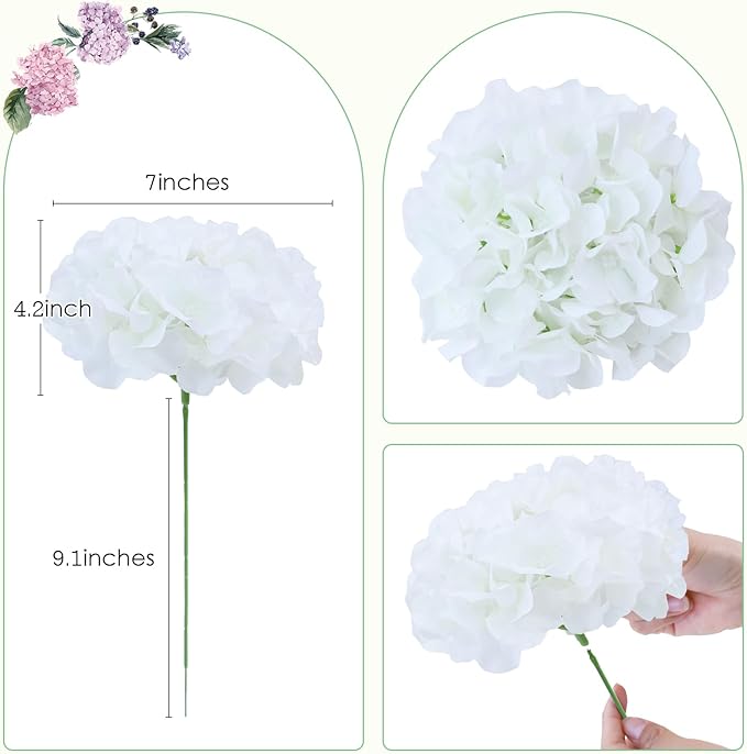 AVIVIHO Hydrangea Artificial Flowers Bulk (Not Squished,Realistic) 10pcs White Fake Hydrangeas Silk Flowers with Stems for Home Wedding Party Table DIY Project Floral Bouquet Garlands Decoration
