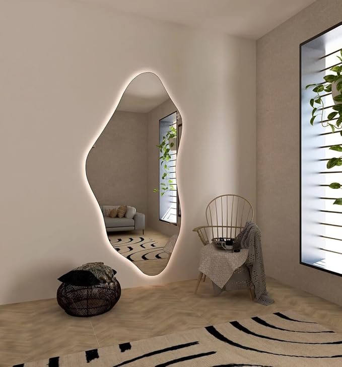 Asymmetrical Bathroom LED Mirror, Modern Irregular Shape Wall Mirror with LED Lights, Frameless Aesthetic Backlit LED Illimunated Vanity Mirror (60" x 30" inc)