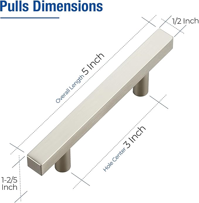 JOY DECOR 30 Pack 3 Inch Brushed Nickel Square Cabinet Handles Stainless Steel Cabinet Hardware Pulls for Kitchen and Drawers with 5 Inch Overall Length