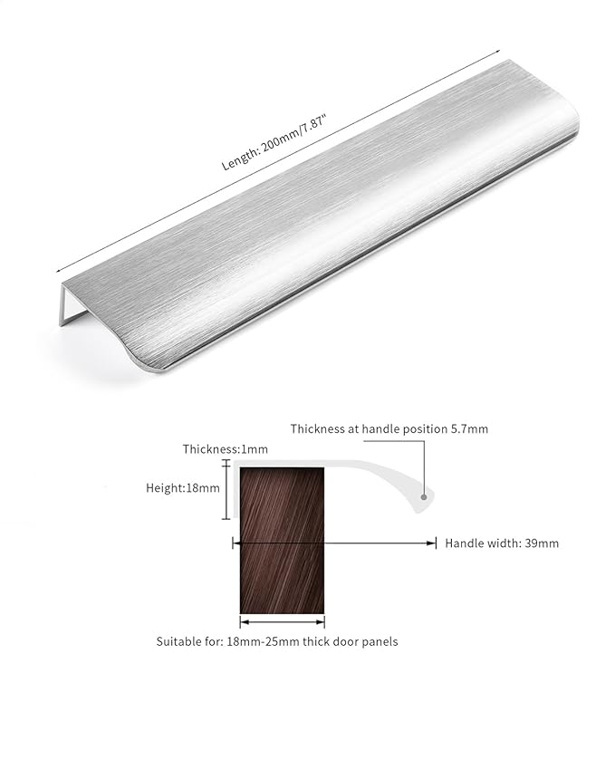 5 Pack 8 inch self Adhesive Cabinet pulls Silvery Finger pulls for cabinets Stick on Handles Concealed Edge pulls for cabinets Drawer Pull Seam Flat