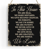 In This House Wooden Hanging Sign, House Rules Signs, Farmhouse Living Room Home Decor Wall Art, Inspirational Family Quote, Scripture Wooden Hanging Sign for Farmhouse Home Wall Art Decoration