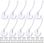 10 Pack Heavy Duty Dual Coat Hooks Wall Mounted with 20 Screws Retro Double Hooks Utility Black Hooks for Coat, Scarf, Bag, Towel, Key, Cap, Cup, Hat (White)