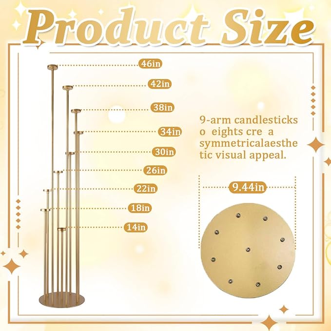 2pcs 9 Arm Candelabra,Floor Candle Holders Tall Set for Wedding Aisle Decoration,Gold Candelabras for Fireplace,Candle Stand Fit for Flameless or Wax