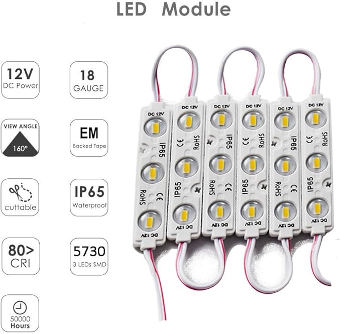 LED Module Windows Lights - 3000K White, 100pcs, 49.8 Ft, 5730 SMD, 150LM Per Module, IP65 Waterproof for Advertising Signs With Tape Adhesive Backside (No Power Supply)
