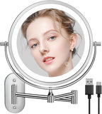 Auxmir Rechargeable Wall Mounted Lighted Makeup Mirror, 8" Double Sided 1X/10X Magnifying Vanity Mirror, 3 Color Lights Touch Dimmable Bathroom Cosmetic with 360° Swivel 13 Inch Extendable Arm, Chrome