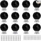 12 Pcs 30mm Round Shape Crystal Glass Cabinet Knobs with Screws Drawer Knob Pull Handle Used for Kitchen, Dresser, Door, Cupboard(Black)